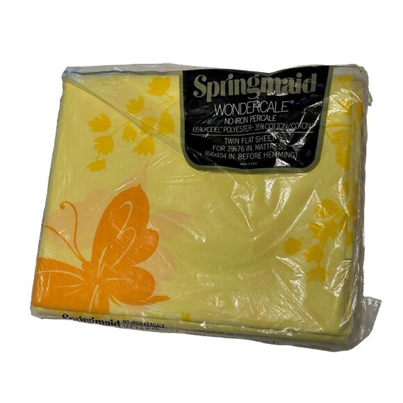 VINTAGE 70s NOSSpringmaid WondercalePercale Twin Flat Sheet Yellow Butterfly